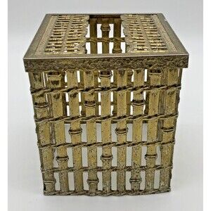 VINTAGE Tissue Box Holder Asian Gold Metal Filigree Bamboo MCM Hollywood Regency